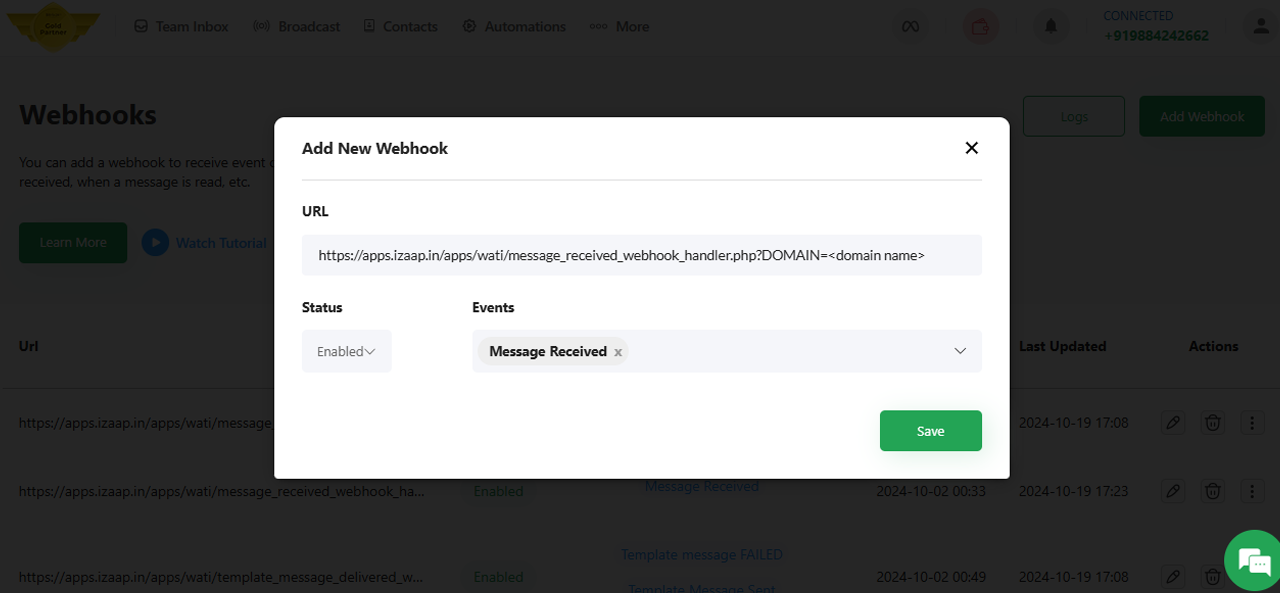 Received Webhook URL