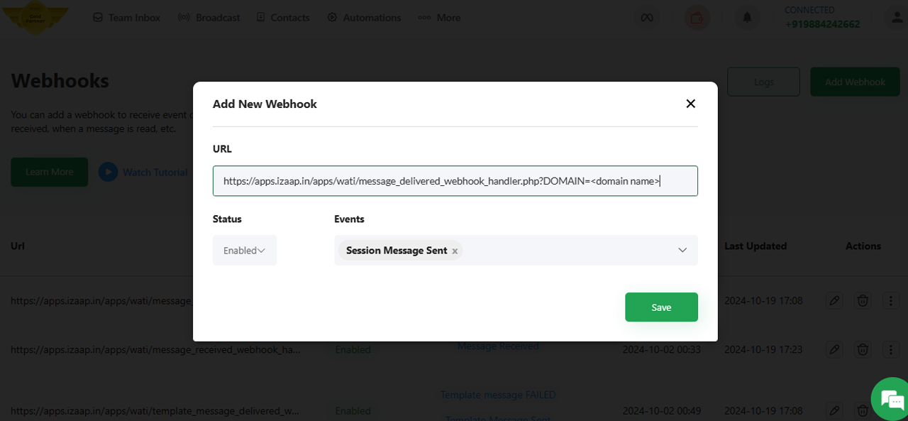 Session Message Sent Webhook URL